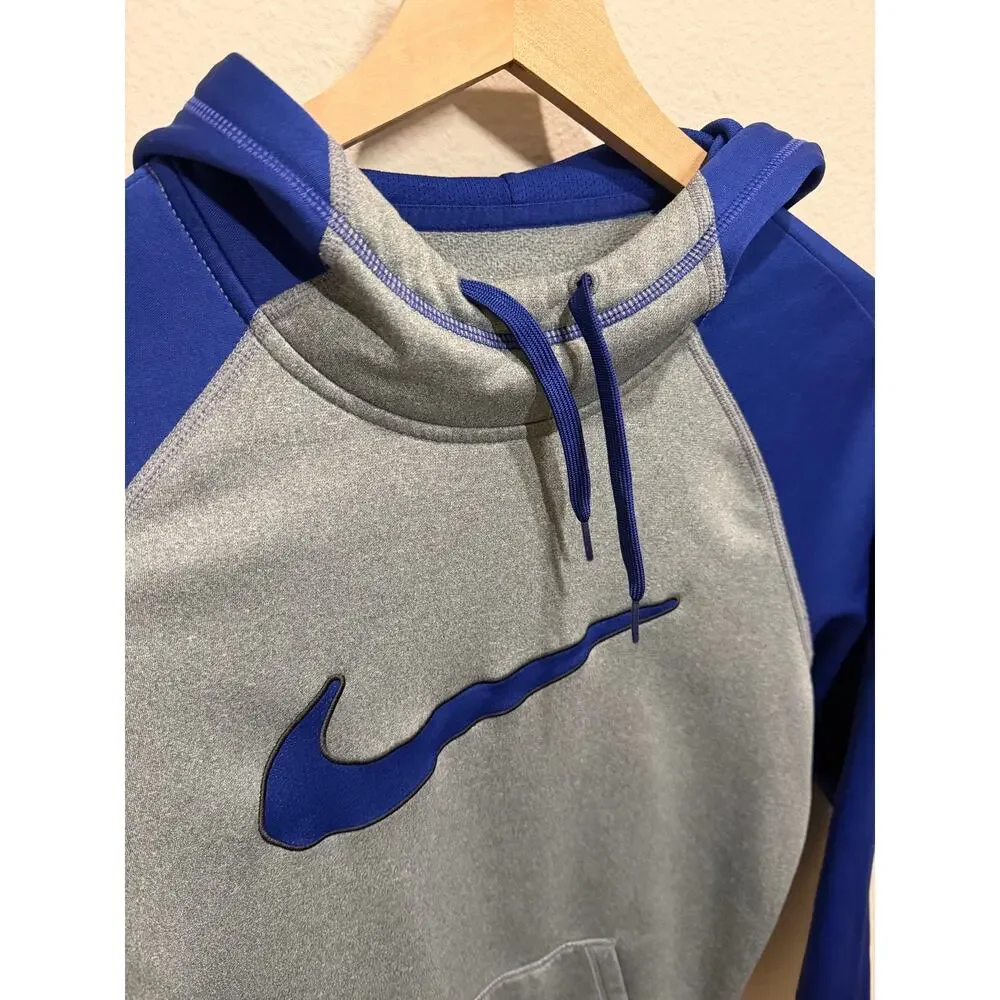 Nike Therma-FIT Gray Blue Raglan Swoosh Hoodie Sweatshirt Mens Size Medium